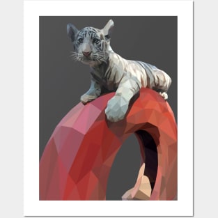 Low Poly White Tiger Cub Playing Posters and Art